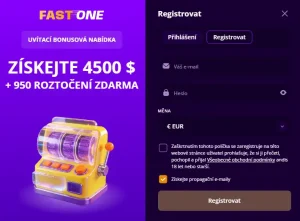 Registrační formulář FastOne Casino s uvítací nabídkou 4500 $ a 950 roztočení zdarma