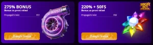 Dva bonusové banery FastOne: 275 % bonus a 220 % s 50 free spiny za první vklad