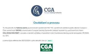 Osvědčení o provozu Curaçao Gaming Authority s licenčním číslem OGL/2024/452/0687