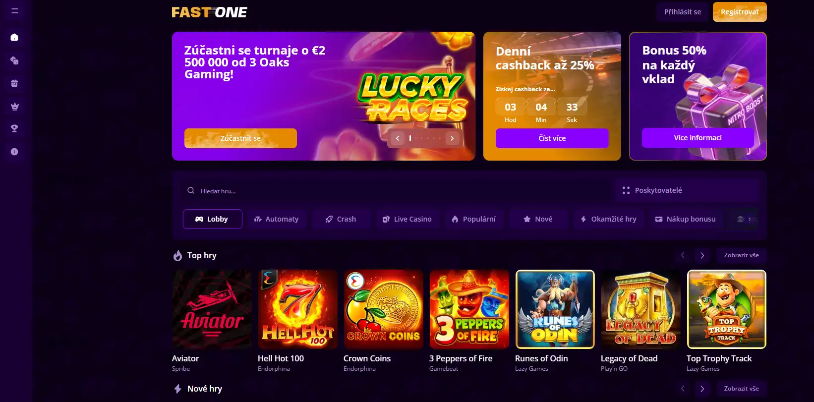 Česká domovská stránka FastOne Casino s navigací a registračními prvky